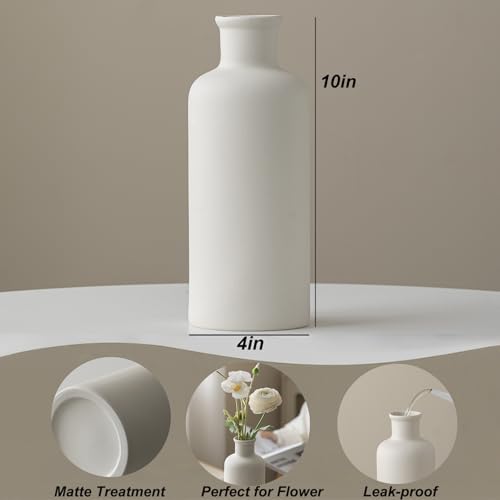 White Ribbed Ceramic Vase for Flowers, Modern Textured Decorative Vase, 10 Inch Tall, Farmhouse Style Home Decor (Nature White) - color: Nature White