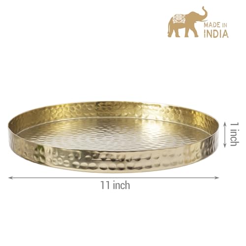 MyGift 11 Inch Deluxe Hammered Brass Round Decorative Tray - Aluminum Plated Serving Display Platter, Centerpieces and Vanity Tray - Handcrafted in India - color: Brass (11 Inch)
