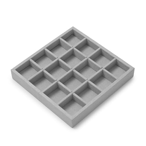 Microfiber 16 Grids Stackable Jewelry Display Trays Showcase Jewelry Organizer Storage Trays(Gray) - size: 5.49" x 5.52" x 0.78"