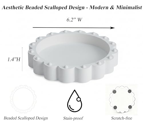 Aotea Crafts - Beaded Scalloped Jewelry Dish Tray Plate - Modern Aesthetic Ring Dish - Concrete Handcrafted Trinket Tray - Smooth Texture - Ivory White - 6.3 inch