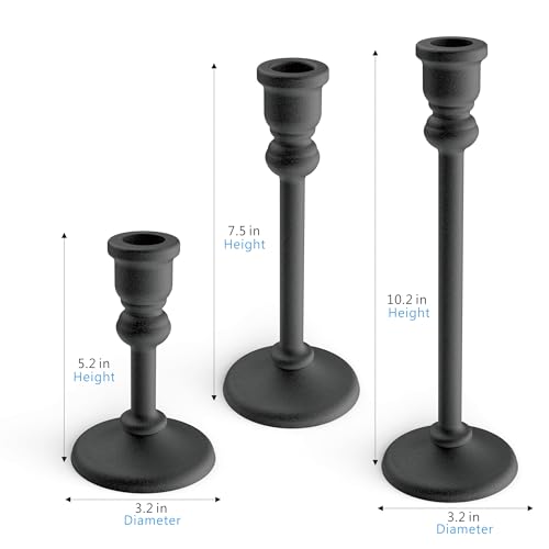 3-Piece Metal Candle Holders Set - Heavy Duty Alloy Taper Candlesticks for Table Centerpiece, Christmas, Dinner Party, Vintage Home Decor - 5-7.5 -10.3Inch Tall, Antique Gold Finish (Black) - color: Black