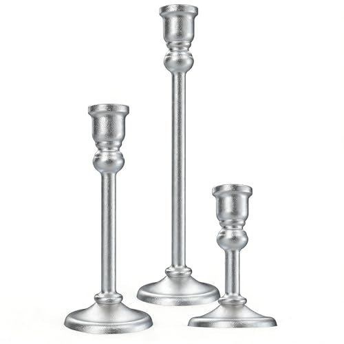 3-Piece Metal Candle Holders Set - Heavy Duty Alloy Taper Candlesticks for Table Centerpiece, Christmas, Dinner Party, Vintage Home Decor - 5-7.5 -10.3Inch Tall, Antique Gold Finish (Silver) - color: Silver