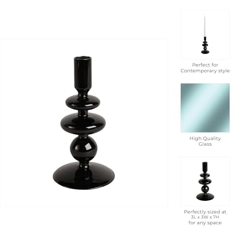 Glass Taper Candle Holder - Table Candle Holder for Soft Candlelight and Table Decor - Dining Room or Living Room Mantel Display - Modern Disc and Sphere Design Accent, Home Decor – 7", Black - color: Black, size: 7.0" H