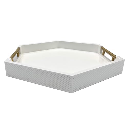 Serving Tray with Polished Metal Handles, Hexagon Coffee Table Tray, Modern Rectangle Decorative Tray, Large Ottoman Tray, Perfect for Storage and Display (White Hexagon) - color: White Hexagon