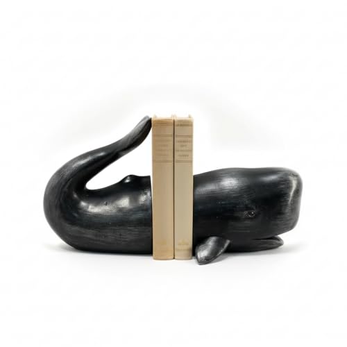 Comfy Hour 10" Black Nautical Whale Figurine Style Bookends, Antique Vintage Ocean Statue Home Decor, Heavy Duty Coastal Book Stoppers Pair, 1 Pair