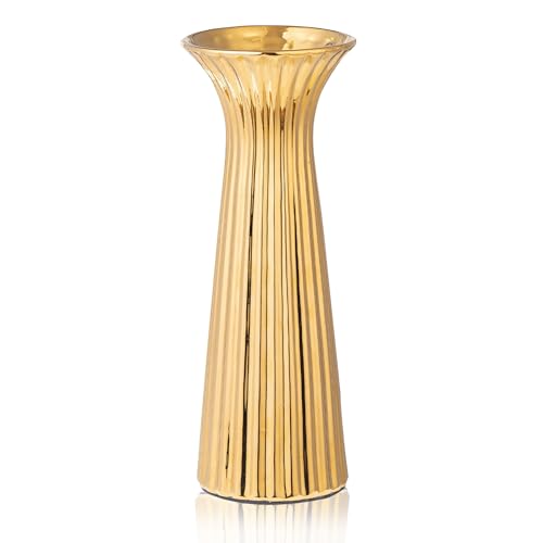 Gold Ceramic Vase for Home Decor, Small Ribbed Flower Vase for Pampas Grass, Modern Decorative Vase for Coffee Table, Shelf, Kitchen, Living Room, Bedroom & Elegant Centerpiece - color: Gold