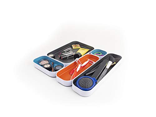 Three by Three Seattle 5 Piece Metal Organizer Tray Set for Storing Makeup, Stationery, Utensils, and More in Office Desk, Kitchen and Bathroom Drawers (1 Inch, Gray, Sky Blue, Orange) - color: Gray, Sky Blue, Orange, size: 5 Piece