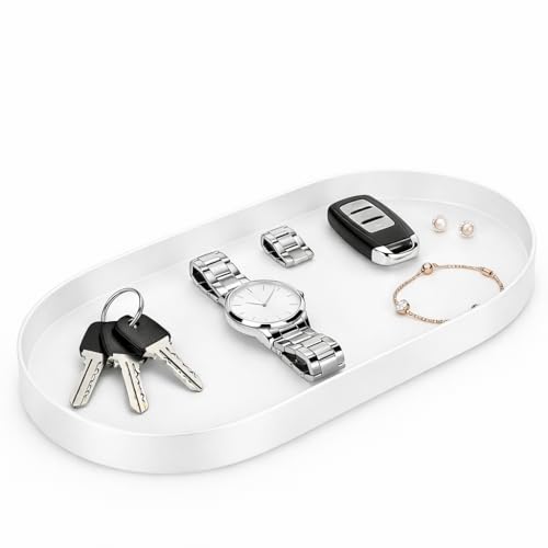Oval Key & Wallet Tray, 12"x6"x0.8" Metal Valet Tray for Entryway Table, Minimalist Catch All Tray for Keys, Wallet, Jewelry, White