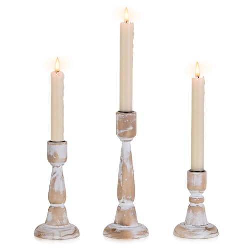 Wooden Taper Candle Holders: Wood Candlestick Holders Rustic Farmhouse Fall Decor for Living Room Dinning Table Centerpiece Christmas Set of 3 - size: 4.33"/6.33"/8.27" H - 3Pcs