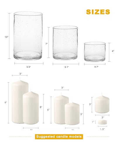 ARIAMOTION Hurricane Candle Holders for Pillar Hand Blown Glass Cylinder Vases Table Centerpiece Bulk Room Decor Clear Seeded Bubbles Living Dining Kitchen Island 10" 7" 4" Set of 3 - color: Bubbles Clear, size: H10", H7", H4" Set of 3