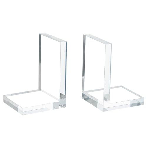 MyGift L-Shaped Decorative Bookends, Transparent Heavy Duty Non-Skid Book Ends Stopper for Shelves Home Office School, 1 Pair, Premium Hotel Style Clear Thick Acrylic