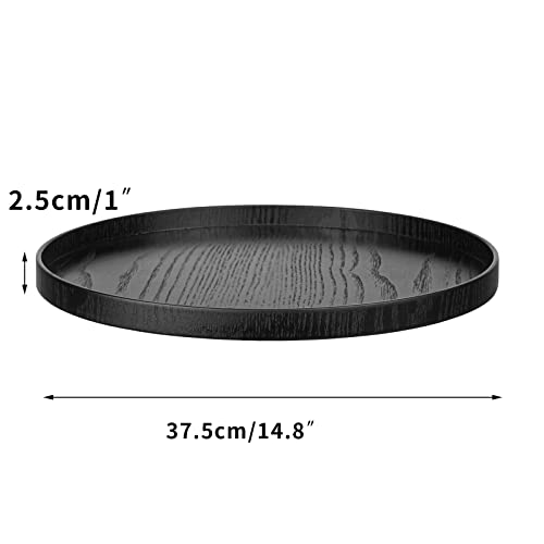 Round Solid Wood Serving Tray Extra Large Tea Coffee Snack Food Meals Serving Plate Non-Slip Kitchen Party Bar Server Ottoman Tray Breakfast Tray with Raised Edges (15inch/37.5cm) Black - size: 15"
