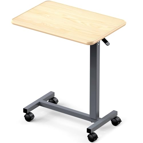 WOTURE Adjustable Overbed Table with Wheels, Pneumatic Height Adjustment, Ideal for Hospital Use or At Home as Bed Tray, Standing Desk, Bedridden & Mobility Needs, Maple - color: Maple