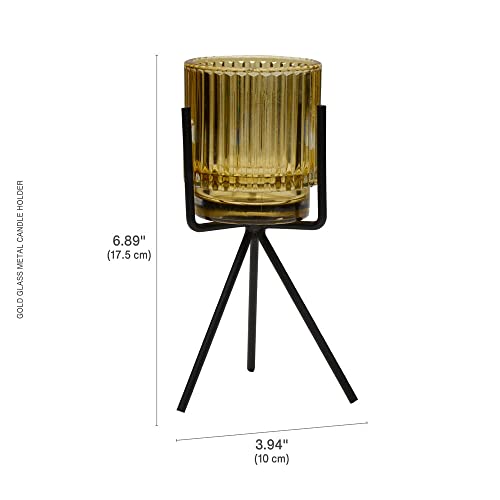 Elements 3.94x3.94x6.89 Inch Gold Glass and Black Metal Stand Candleholder, for Use with a Wax or Flameless Tealight Candle