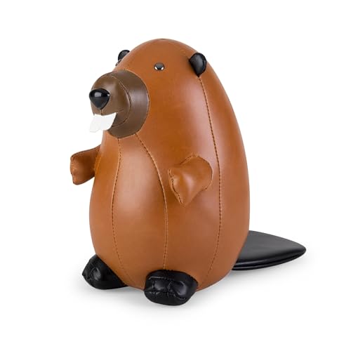 Zuny Bookend Beaver, Leather Bookends for Shelves, Handmade Animal Home Decor, Classic Series, Tan+Brown - color: Beaver