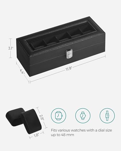SONGMICS Watch Box, 6-Slot Watch Case Organizer with Large Glass Lid, Removable Pillows, Gift for Loved Ones, Black Synthetic Leather, Black Lining UJWB06B01 - color: Black + Black, size: 6 Slot