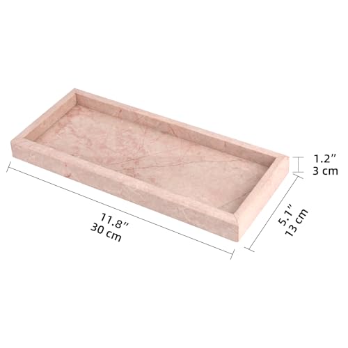 Marble Bathroom Vanity Tray, Natural Luxury Vanity Home Kitchen Bathroom Table Tray, Stone Decorative Countertop Dresser Trays for Key Coffee Perfume Jewelry Makeup (Pink/Cream Rose, 12"x 5" x1.2") - color: Pink/Cream Rose, size: 12" x 5" x 1.2"