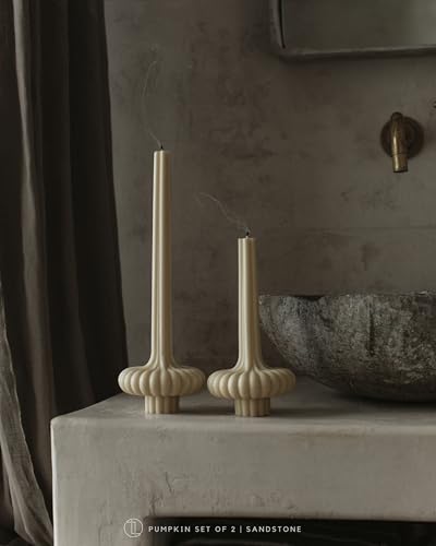 LAWA Set of 2 Pumpkin Base Candle - Beautiful Handmade Pillar Unscented Soy Wax Elegant Aesthetic Vase Candle Housewarming Gift Home Room Shelf Decor Idea Sandstone - color: Sandstone