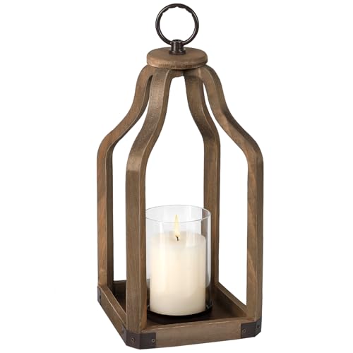 Rustic Wood Lantern Candle Holder for Farmhouse Decor - Indoor and Outdoor Table Centerpiece with Glass Hurricane, 15.7" High - size: Large