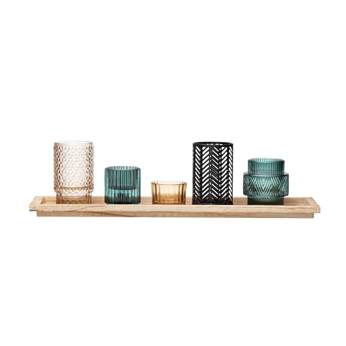 Bloomingville 5-Piece Embossed Glass and Metal Tealight Candle Holders in a Wood Tray, Multicolor