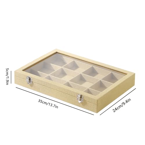 Coward Jewelry Organizer Box, Yellow Linen 12 Grids Bracelet Bangle Necklace Jewelry Display Tray Case with Transparent Glass Lid for Home Drawer Desk or Store Selling Show - color: Yellow Linen, size: 12Grids Box