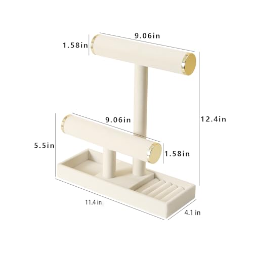 Pangkeep Jewelry Holder Stand,2 Tier Necklace Bracelet Organizer with Tray,Jewelry Displays for Selling Bangles Scrunchie Hair ties Watches and Chains (Beige)