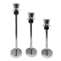 Azure Candle Holders Set of 3 – Silver Metal Taper Stands with Blue Accent Spheres for Modern Home Décor, Mantel, or Tabletop Display