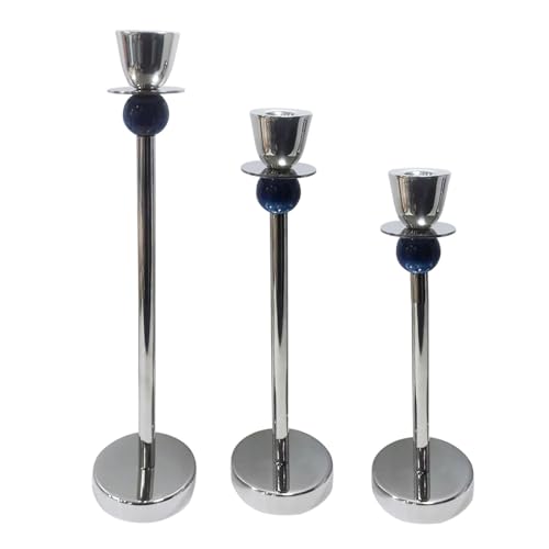 Azure Candle Holders Set of 3 – Silver Metal Taper Stands with Blue Accent Spheres for Modern Home Décor, Mantel, or Tabletop Display