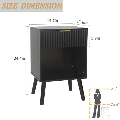 Fultyle Black Fluted Nightstand, Modern Bedside Table with Drawer and Opening Storage, End Side Table Living Room with Solid Wood Legs for Bedroom (Black) - color: Black