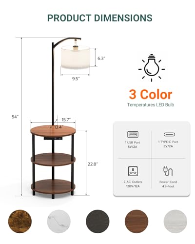 Round Side Table with Lamp and USB Ports, 3-Tier Small End Table for Living Room & Bedroom, Rustic Wood Metal Nightstand for Small Spaces, Easy to Assemble, Rustic Walnut - color: Rustic Walnut, size: 1-Pack, style: Built-in Charging + Lighting