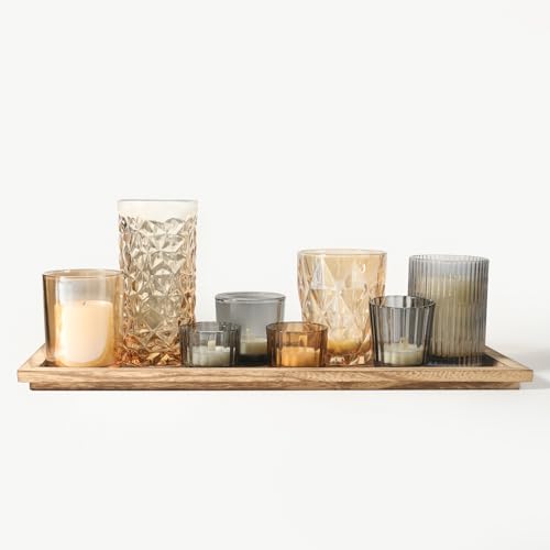 Rustic Wooden Tray with 8 Brown Glass Votive Candle Holders, Decorative Tea Light Holder Set for Mantel, Centerpiece, Dining Table Centerpiece Set, and Home Decor(Set of 8 Pieces) - color: Brown