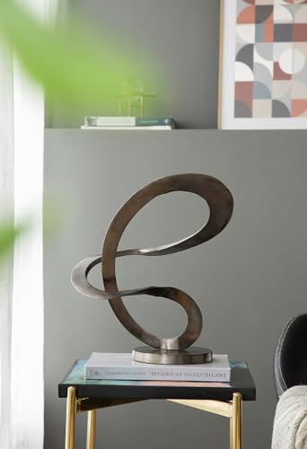 14.5” x 16.5” Black Metal Curved Abstract Art Sculpture with Round Base, Modern Art Deco Home Accent Sculpture, Centerpiece for Tabletop, Mantel, Bookshelf, Countertop, Office, Living Room