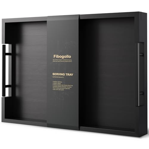 Fibogollo Bamboo Serving Tray with Metal Handles,17x12in Ottoman Decorative Trays Platter for Coffee Table,Living Room,Bar,Party,Large(Black) - style: Black-Large