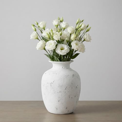 White Ceramic Vase - 7 Inch Rustic Farmhouse Vase for Pampas Grass, Dried Flowers, Textured Pottery Vases for Home Decor, Nightstand, Bedside Table, Bookshelf Decor - color: White - 1