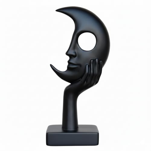Abstract Face Sculpture, White Matte Finish, Modern Tabletop Statue with Hand on Chin, Freestanding Home Decor - color: Black, size: Small