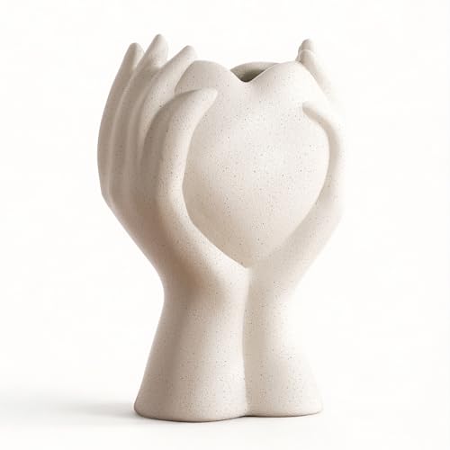 8 Inch Heart Hand White Ceramic Vase - Unique Modern Aesthetic Flowers Vase for Living Room Bedroom Office Kitchen Table Centerpiece or Shelf Decor (Cream White) - color: Cream White
