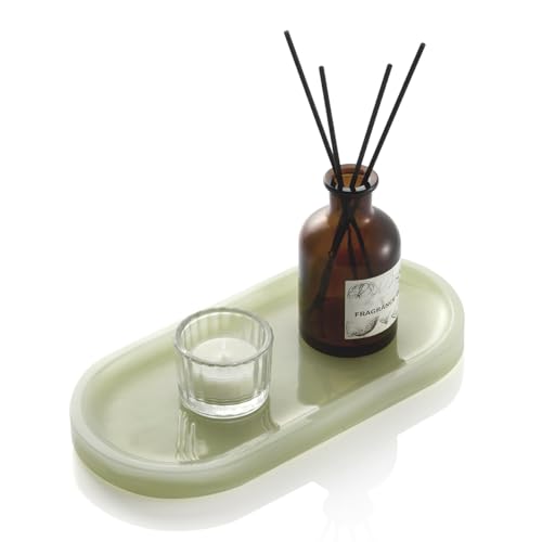 Natural Marble Decorative Tray for Countertop Organizer,Vanity Tray Trays for Jewelry Perfume Candle, Luxury Oval Stone Dish for Bathroom, Bedroom, 9.8"x4.4" Catchall Tray, Olive Green