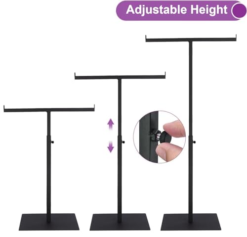 Purse Display Stand T Shaped, Countertop Jewelry/Scarf/Handbag T-Bar Display Stand, Tabletop Double Hook Hanging Stands for Long Necklaces, Metal with Adjustable Height - Black - color: Black