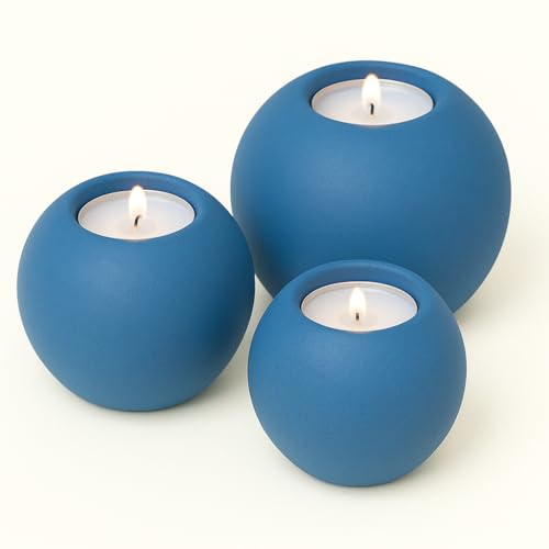 Concrete Sphere Tea Light Holder - Minimalist Centerpiece - Candle Holder - Modern Interior Design (Cobalt Blue, Set of 3 Sizes) - color: Cobalt Blue, size: Set of 3 Sizes
