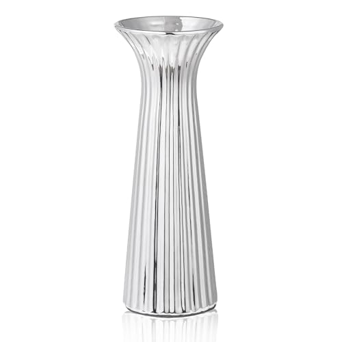 Silver Ceramic Vase for Home Decor, Small Ribbed Flower Vase for Pampas Grass, Modern Contemporary Decorative Vase for Coffee Table, Shelf, Kitchen, Living Room, Bedroom & Elegant Centerpiece - color: Silver