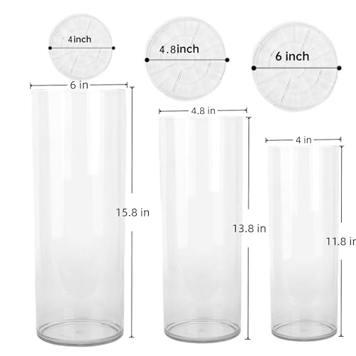 Liotww Acrylic Cylinder Clear Vases, Tall Large Plastic Flower Vase for Bouquet, Unbreakable Hurricane Vases Set of 3 for Centerpieces (D 6", D 4.8", D 4" + 3 Holder) - color: 3-xl Clear