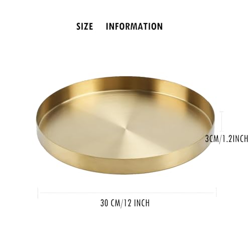 Round Brass Gold Serving Tray, 12 inch Golden Serving Platter for Coffee Table Display, Round Decorative Tray for Home Decor