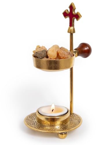 Christian Incense Burner, Cross Incense Holder - Tea Light Candle or Charcoal Resin Heated for Home Decor, Beautiful Adjustable Design for Worship and Spiritual Gifts, Offering a Calming Atmosphere. - color: Cross Brass Burner Candle Heated