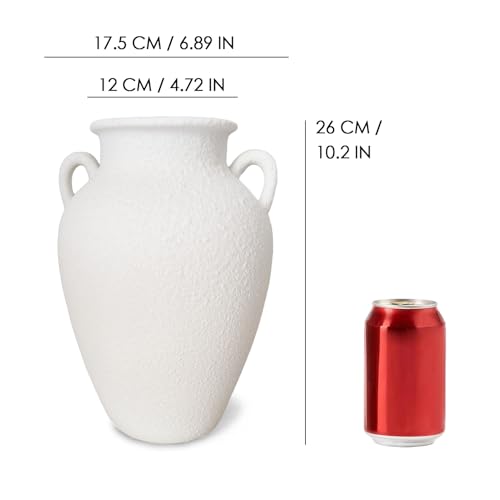 White Ceramic Pottery Barn Vase with Handles - 10" Large Decorative Terracotta Vase for Pampas Grass, Rustic Farmhouse Boho Vases for Home Decor, Living Room, Mantel, Table, Shelf - style: Sandstone White Pottery