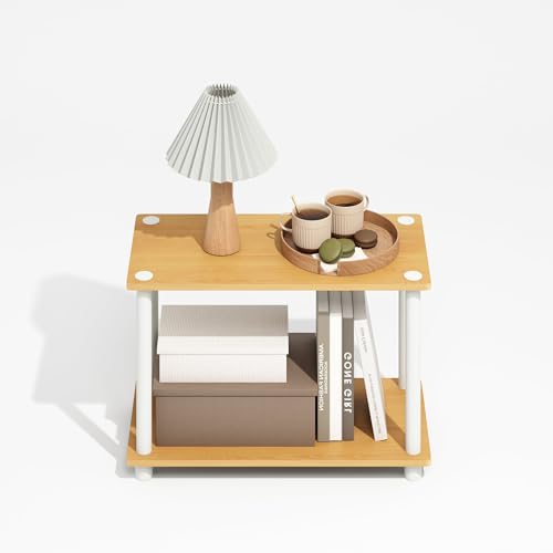Furinno Turn-N-Tube Side Table, 2-Tier Wide End Table with Open Shelf, Toolless Assembly Night Stand, Bedside Table, for Living Room, Bedroom, Light Beech - color: Light Beech/White, size: 1-Pack