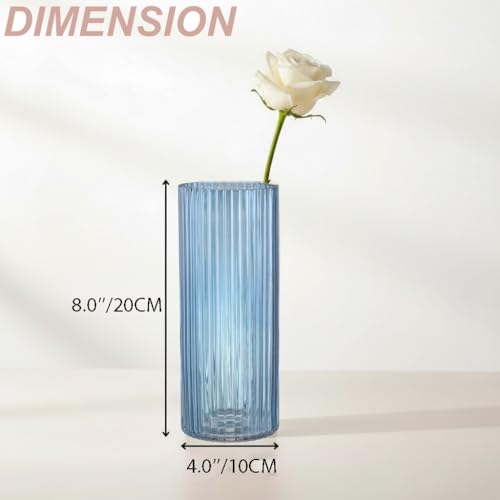 Blue Glass Vases, Flower Vases Set of 3, Ribbed Glass Vase for Tulips, Tall Cylinder Glass Vases for Living Room, Bedroom, Dining Table, Office, Wedding, Bookshelf Decoration, 8 Inches - color: Blue, size: 8'' X 3Pack