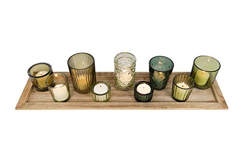 Creative Co-Op Wood Tray with 9 Green Glass Votive Holders - color: Greens