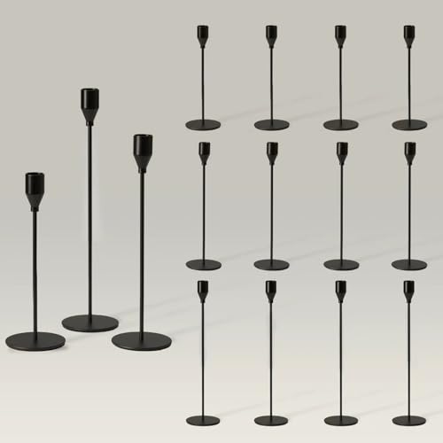 Upgraded Chrome Taper Candle Holders Set of 15 Bulk, Modern Matte Black Long Skinny Candlestick (Heights: 9/11/13 Inch), Heavy Iron Anti-Slip Base for Modern Fireplace Table Centerpiece Decor - color: Black, size: 5 sets (15 pcs)