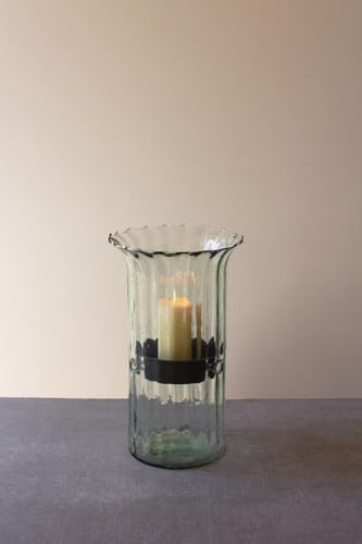 First of a Kind Medium Glass Candle Holder - Hurricane Candle Holder with Rustic Insert, Mouthblown by Artisans in Colombia - Perfect for Home Decor, Centerpieces, Display with Personal Memorabilia - size: Medium