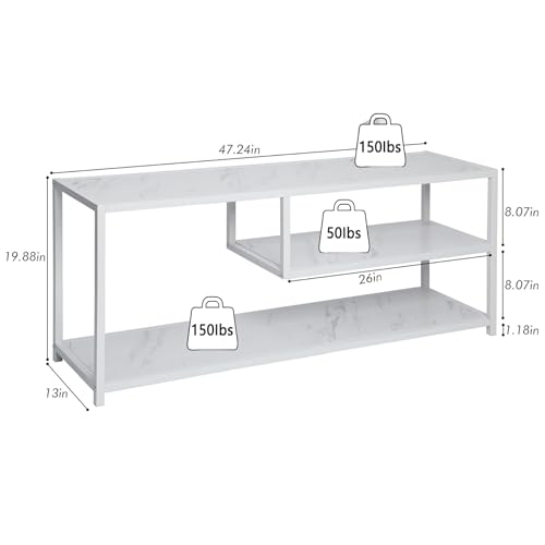 Function Home TV Stand for TVs up to 55 Inch, 3 Tier Entertainment Center, Media Console with Open Storage Shelves for Living Room Bedroom, 47” Modern TV Table with Wood Top White Metal Legs - color: 47" White